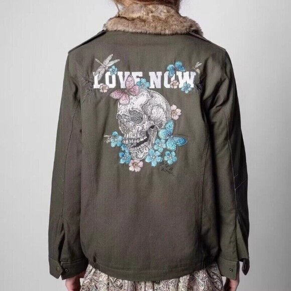 Zadig & Voltaire Jacket Size S Skull Butterfly Embroidered Fur Collar Kid Parka - Picture 1 of 16